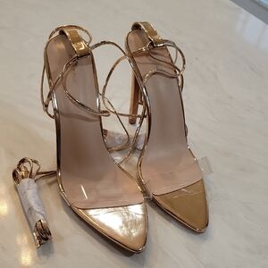 Pretty Little Thing Ankle Wrap Rose Gold Stilettos 9